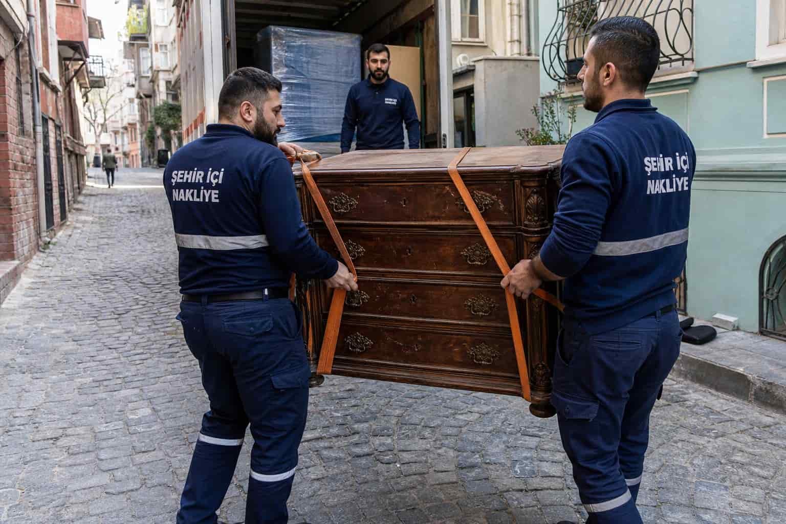 Beyaz Eşya Taşıma - Ahsap sifonyerin iki kisiyle tasinmasi