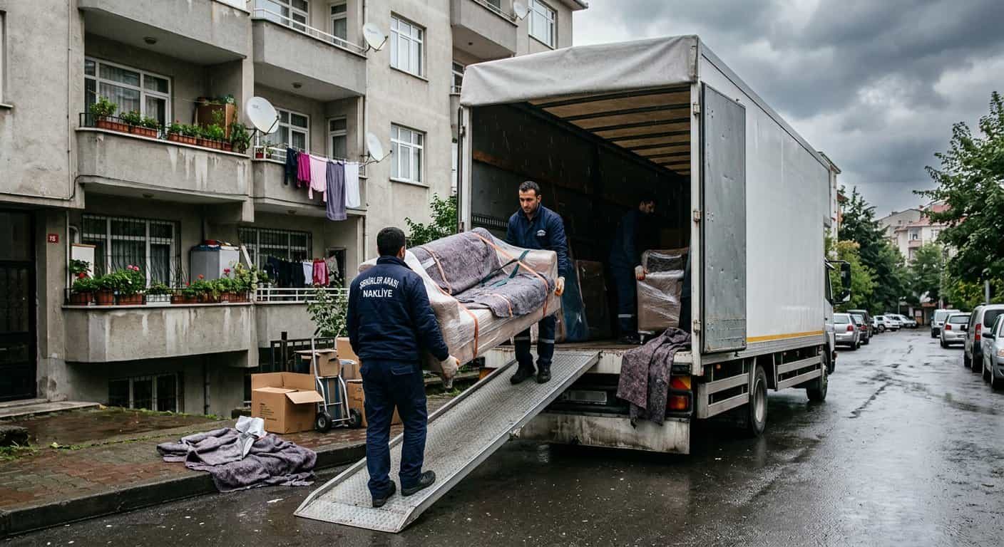 Muratlı Nakliye - Apartman girisinde kamyon rampasindan esya tasima